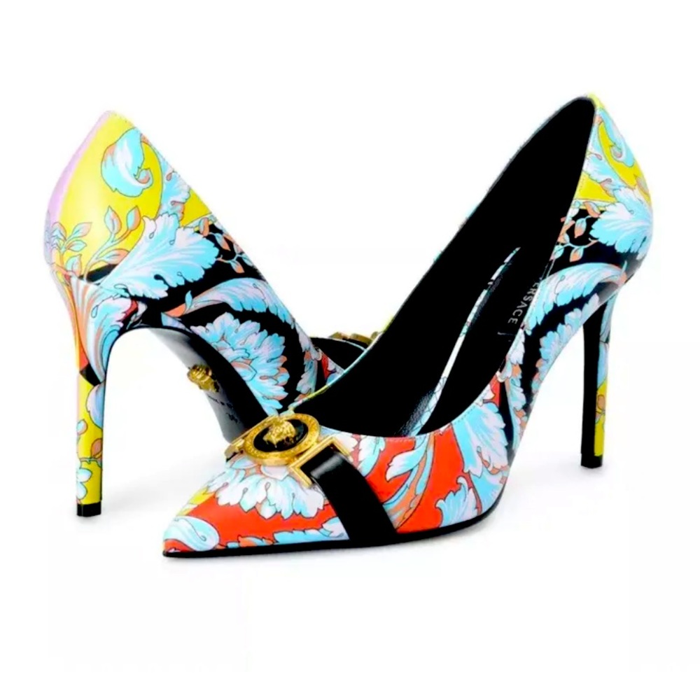 VERSACE Medusa Icon Multicolor Tribute Print Leather Pumps Size 39 NIB